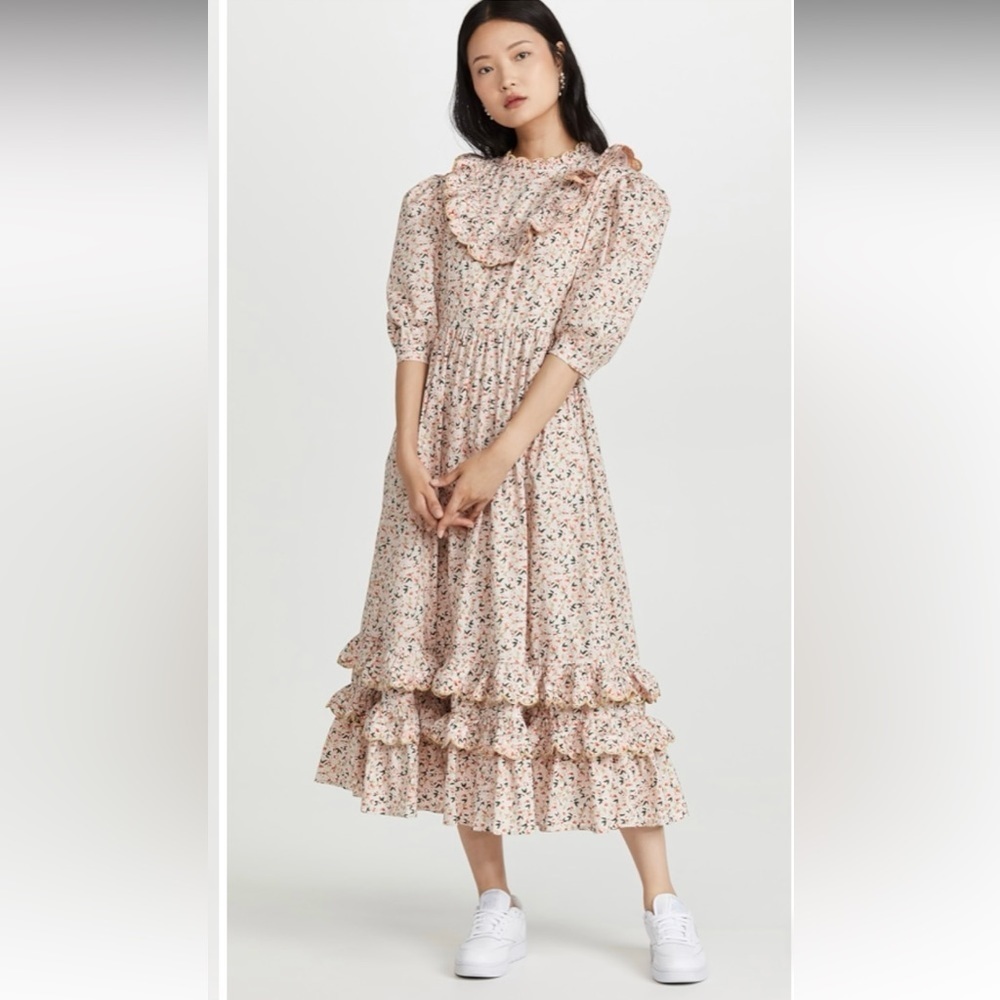 CeliaB Prairie Midi Dress Medium Floral Puffed Sleeves Tiered Boho Romantic